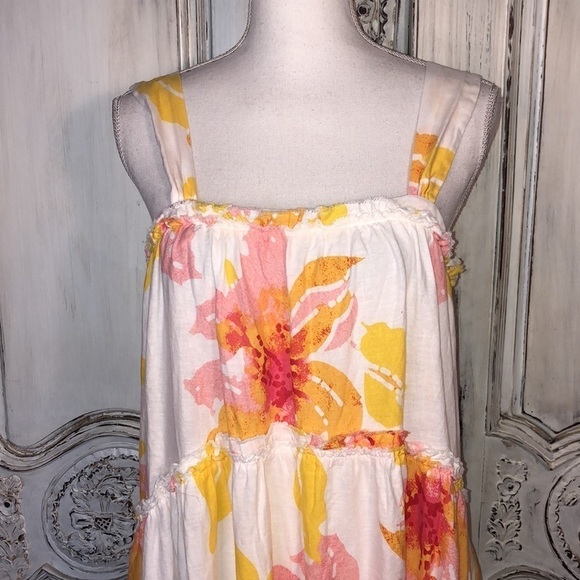 Free People Linen Blend Sherbet Color Florals on White Multi Tiered Dress S/XS - Picture 5 of 11